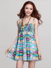 Elegant & Beautiful Printing Waist Shaping Slim Sling Dress----Blue